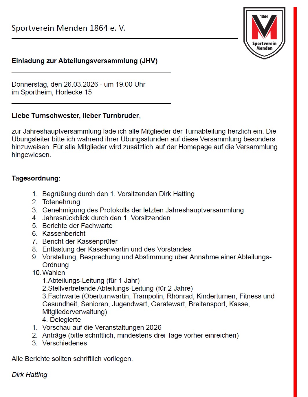 Einladung zur Abteilungsversammlung der Turnabteilung (JHV)